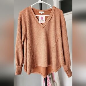 Blu Pepper V-Neck Ribbed Sweater - Rust Brown